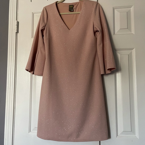 Taylor Blush Pink Textured Metallic V-neck Bell-sleeve Shift Dress 8 sparkles - Picture 2 of 6